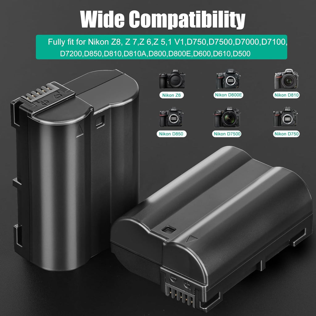 2 Packs JYJZPB EN-EL15B Nikon Camera Batteries Rechargeable and Charger Case for Nikon D7500 Battery, D750 Battery, Z6, Z7, Z8, D500, D600, D610, D810, D800, D800E, D710E, D850, D7000, D7100, D7200