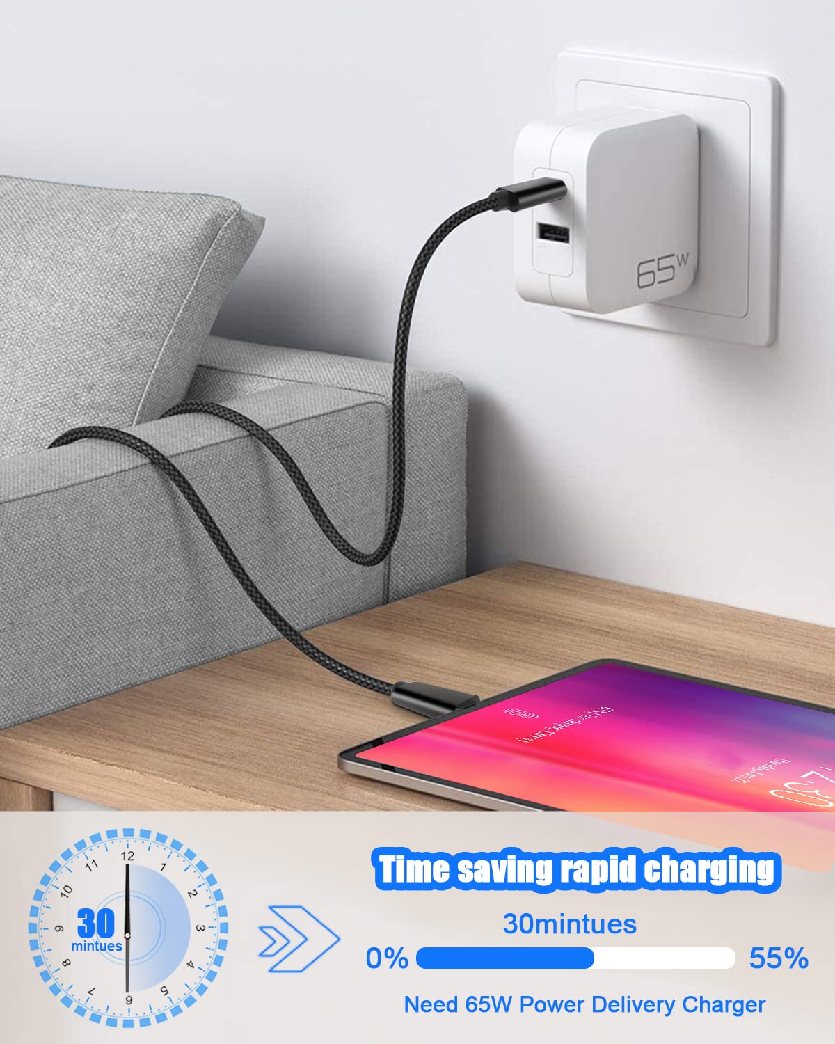 JYJZPB 2 Packs USB C to USB C Cable 65W Fast Charge Type C to Type C Charging Cord Fit for Samsung Note 20 10, Galaxy S21/S21+, Pixel, Switch, Pad & Laptops