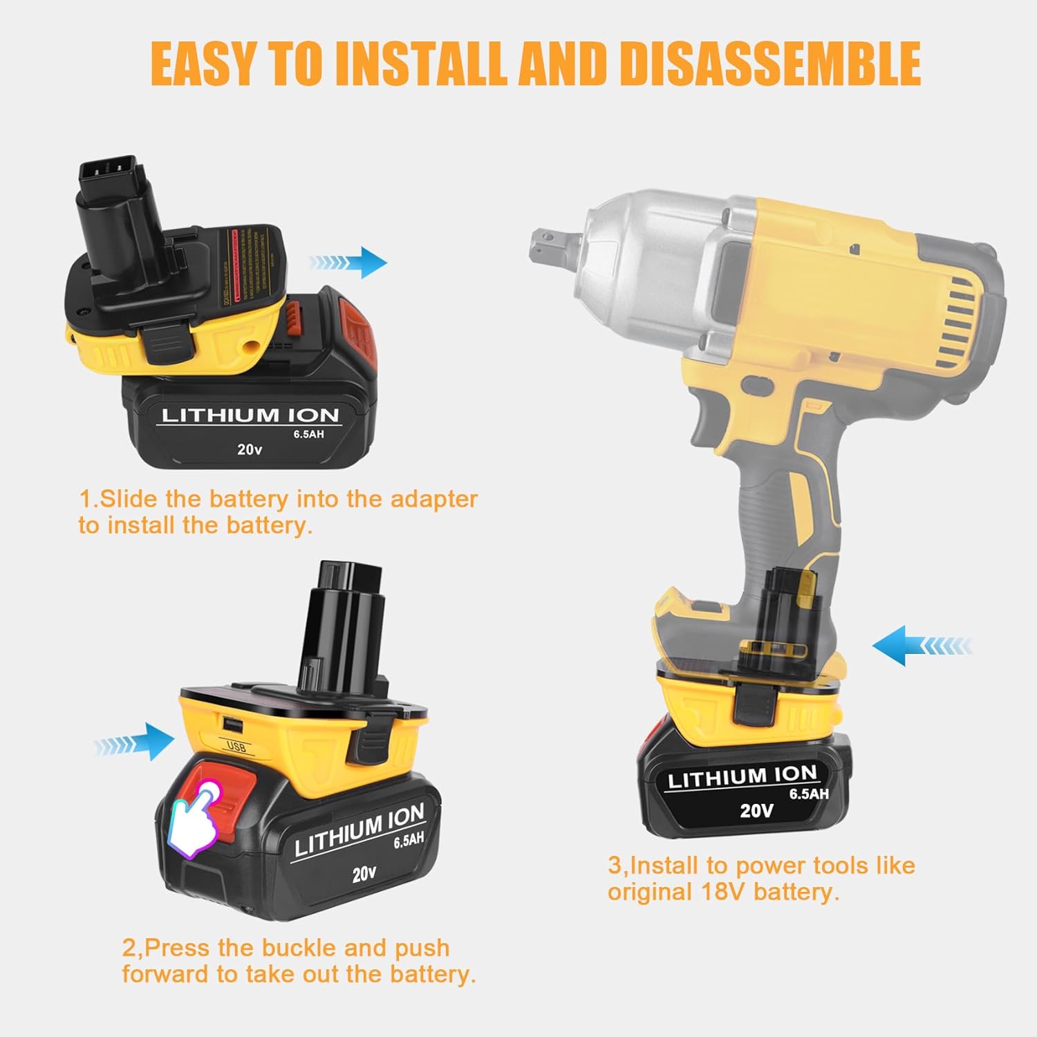 2 Packs JYJZPB 20V to 18V Adapter for DeWalt Tools Suitable for MAX XR Battery DCB200 DCB201 DCB203 DCB203BT DCB204 DCB206 with USB-A Output Port