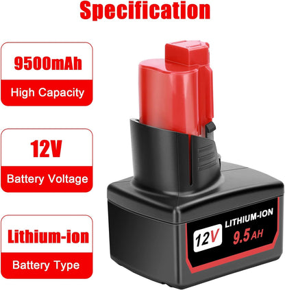 2 Packs JYJZPB 9.5Ah Replacement for Milwaukee M12 Battery Cordless Power Tools Compatible for Milwaukee 12V M12 Battery 48-11-2401 48-11-2411 48-11-2420 48-11-2412 48-11-2402