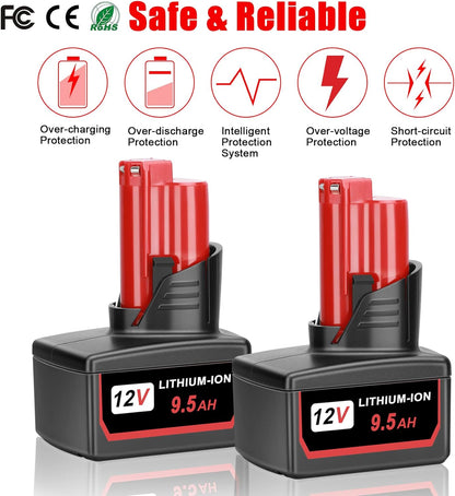 2 Packs JYJZPB 9.5Ah Replacement for Milwaukee M12 Battery Cordless Power Tools Compatible for Milwaukee 12V M12 Battery 48-11-2401 48-11-2411 48-11-2420 48-11-2412 48-11-2402