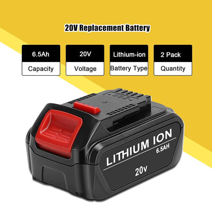 2 Packs JYJZPB 6.5Ah Replace Battery for DeWalt 20V MAX Battery DCB200 DCB204 DCB206 DCB206-2 DCB201 DCB203 DCB181 DCB180 DCD/DCF/DCG XR Battery