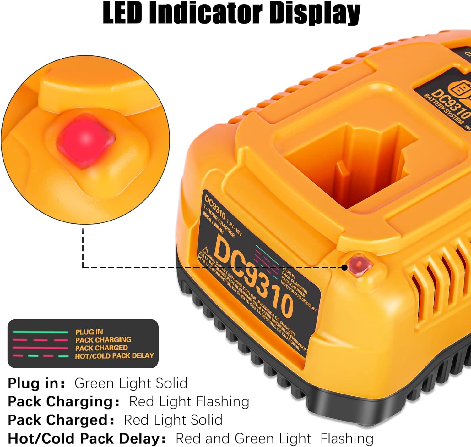 JYJZPB DC9310 Fast Battery Charger Replacement for De Walt 7.2V 9.6V 12V 14.4V 18V XRP NI-CD/NI-MH Battery DC9096 DC9098 DC9099 DC9091 DE9098 DW9095 DW9096 DW9098 DW9099