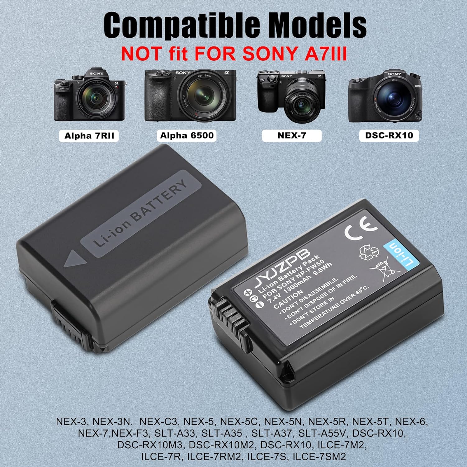 JYJZPB NP-FW50 Replacement Camera Battery Charger Set Dual Channel Compatible for Sony Alpha A6000 A6400 A6500 A6300 A6100 ZV-E10 A7 A7II A7RII A7SII A7S A7S2 A7R A7R2 A5100