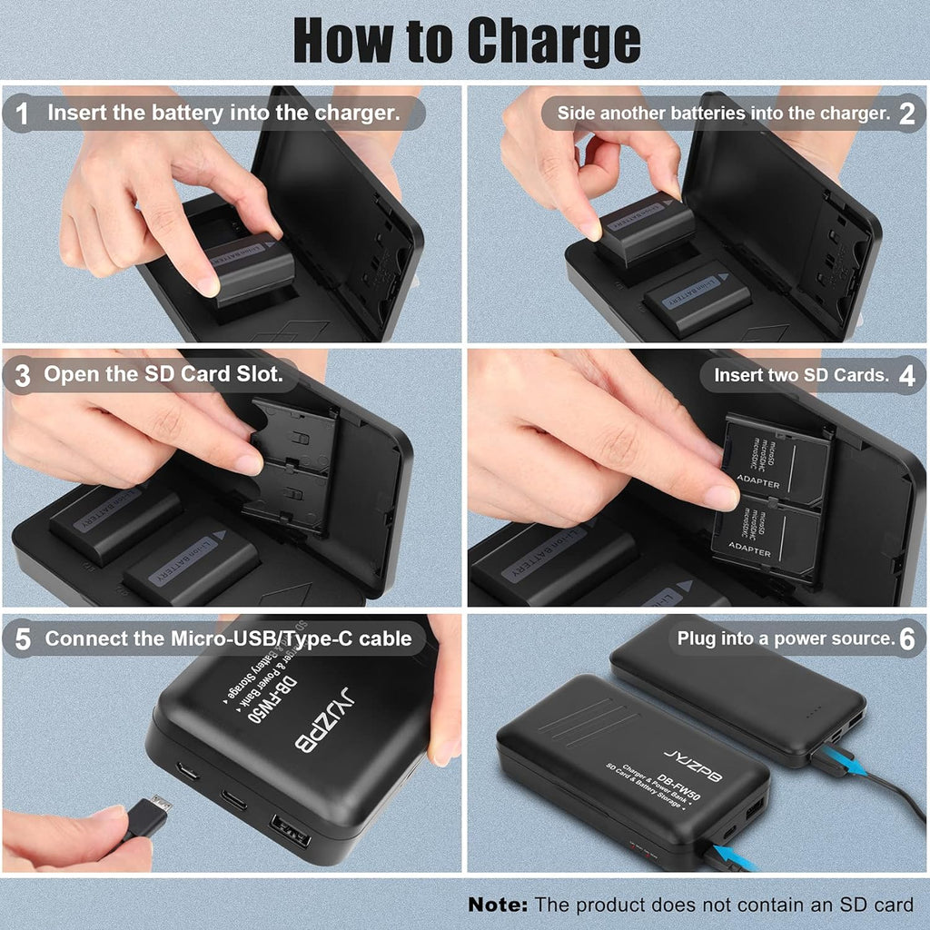 JYJZPB NP-FW50 Replacement Camera Battery Charger Set Dual Channel Compatible for Sony Alpha A6000 A6400 A6500 A6300 A6100 ZV-E10 A7 A7II A7RII A7SII A7S A7S2 A7R A7R2 A5100