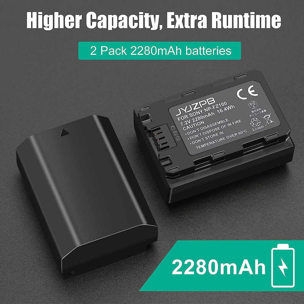 2 Packs JYJZPB NP-FZ100 Camera Battery Replacement and A7iii Battery Charger for Sony A7 III, Sony Alpha A7R III, A7R IV, A9, A6600, Alpha 9S, A7R3 A7S III, A7R III Battery
