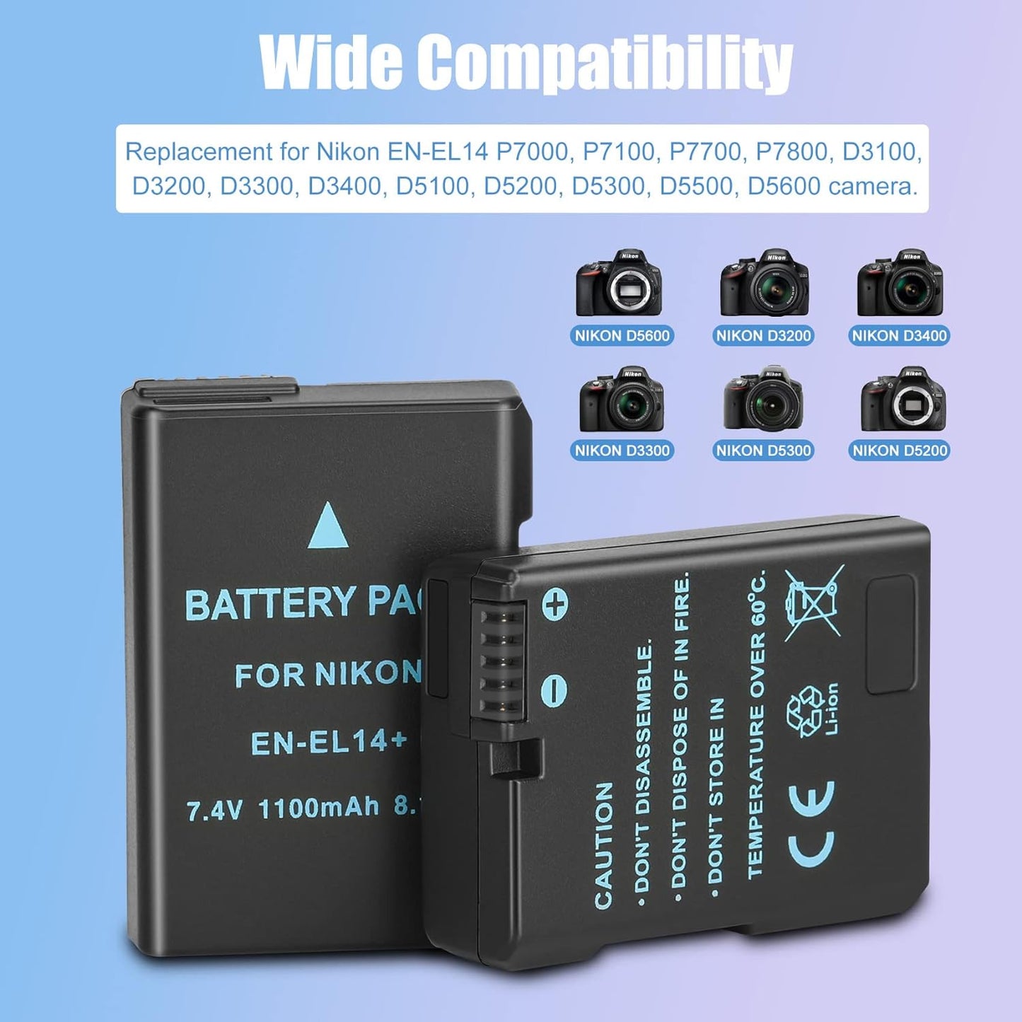 2-Packs JYJZPB EN-EL14 EN-EL14a Replacement Cameras Battery Dual USB Charger Set Compatible for Nikon D5600, D3200, D3500, D3300, D3400, D3100, D5100, D5200, D5300, DF Coolpix P7000 P7100 P7700 P7800