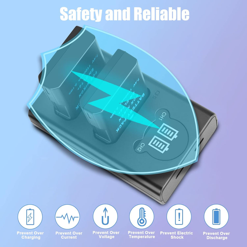 2-Packs JYJZPB EN-EL14 EN-EL14a Replacement Cameras Battery Dual USB Charger Set Compatible for Nikon D5600, D3200, D3500, D3300, D3400, D3100, D5100, D5200, D5300, DF Coolpix P7000 P7100 P7700 P7800