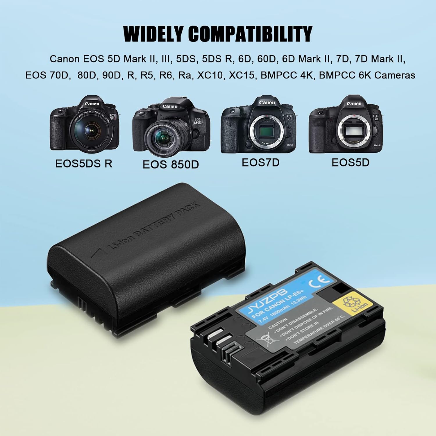 2-Packs JYJZPB LP-E6N Rechargeable Camera Battery and Dual Battery Charger for Canon EOS R5, 5D Mark II, III, 5DS, 5DS R, 6D, 60D, 6D Mark II, 7D, 7D Mark II,70D, 80D, XC10, XC15, BMPCC 4K, BMPCC 6K