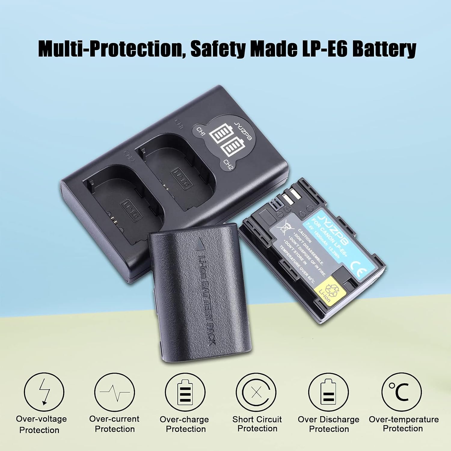 2-Packs JYJZPB LP-E6N Rechargeable Camera Battery and Dual Battery Charger for Canon EOS R5, 5D Mark II, III, 5DS, 5DS R, 6D, 60D, 6D Mark II, 7D, 7D Mark II,70D, 80D, XC10, XC15, BMPCC 4K, BMPCC 6K