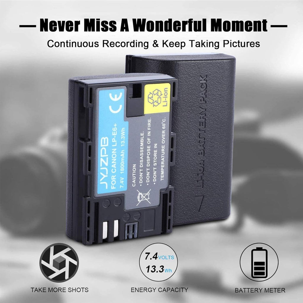 2-Packs JYJZPB LP-E6N Rechargeable Camera Battery and Dual Battery Charger for Canon EOS R5, 5D Mark II, III, 5DS, 5DS R, 6D, 60D, 6D Mark II, 7D, 7D Mark II,70D, 80D, XC10, XC15, BMPCC 4K, BMPCC 6K