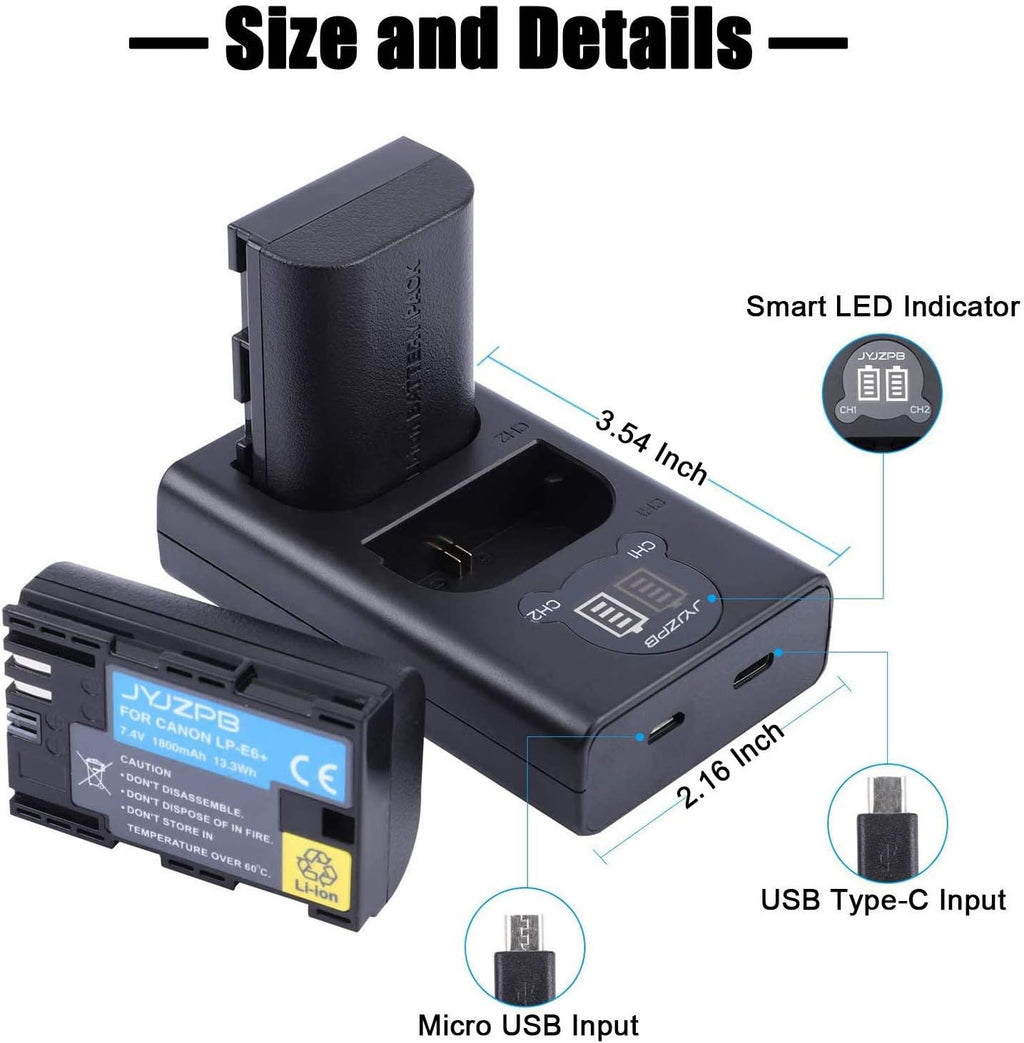 2-Packs JYJZPB LP-E6N Rechargeable Camera Battery and Dual Battery Charger for Canon EOS R5, 5D Mark II, III, 5DS, 5DS R, 6D, 60D, 6D Mark II, 7D, 7D Mark II,70D, 80D, XC10, XC15, BMPCC 4K, BMPCC 6K