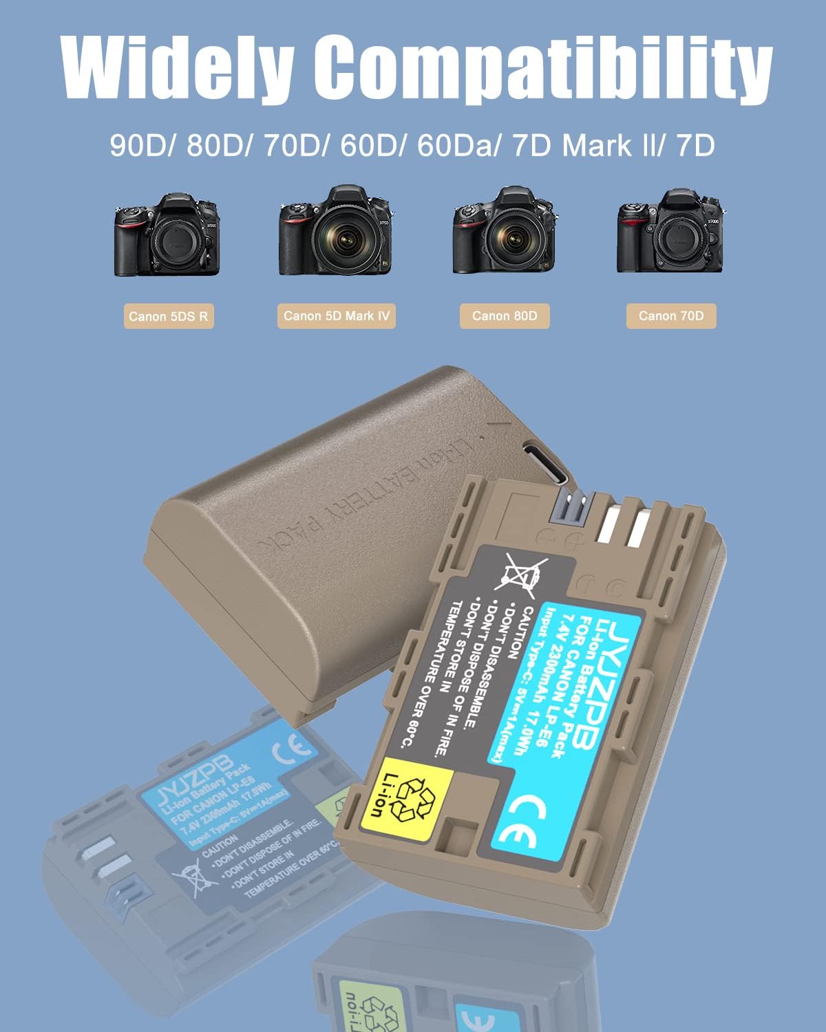2 Packs JYJZPB LP-E6N LP-E6 Replacement Camera Battery for Canon 60D, 70D, 80D, 90D, EOS 5D Mark II/III/IV, EOS 5DS, 5DS, 6D, 7D, 7D Mark II, 7D EOS R, R5, R6 Digital Camera