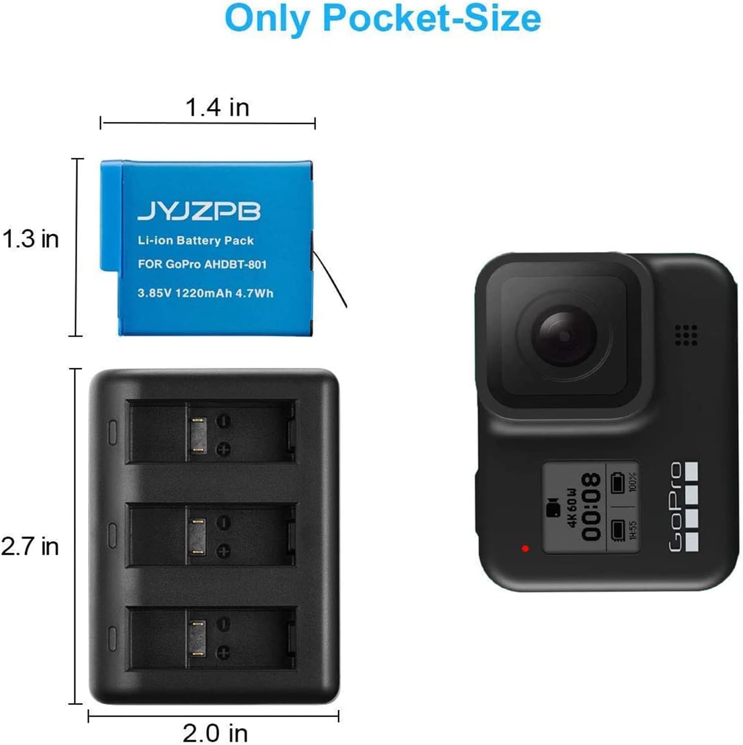 3 Packs JYJZPB Cameras Batteries for GoPro Hero 8 Battery Triple Fast