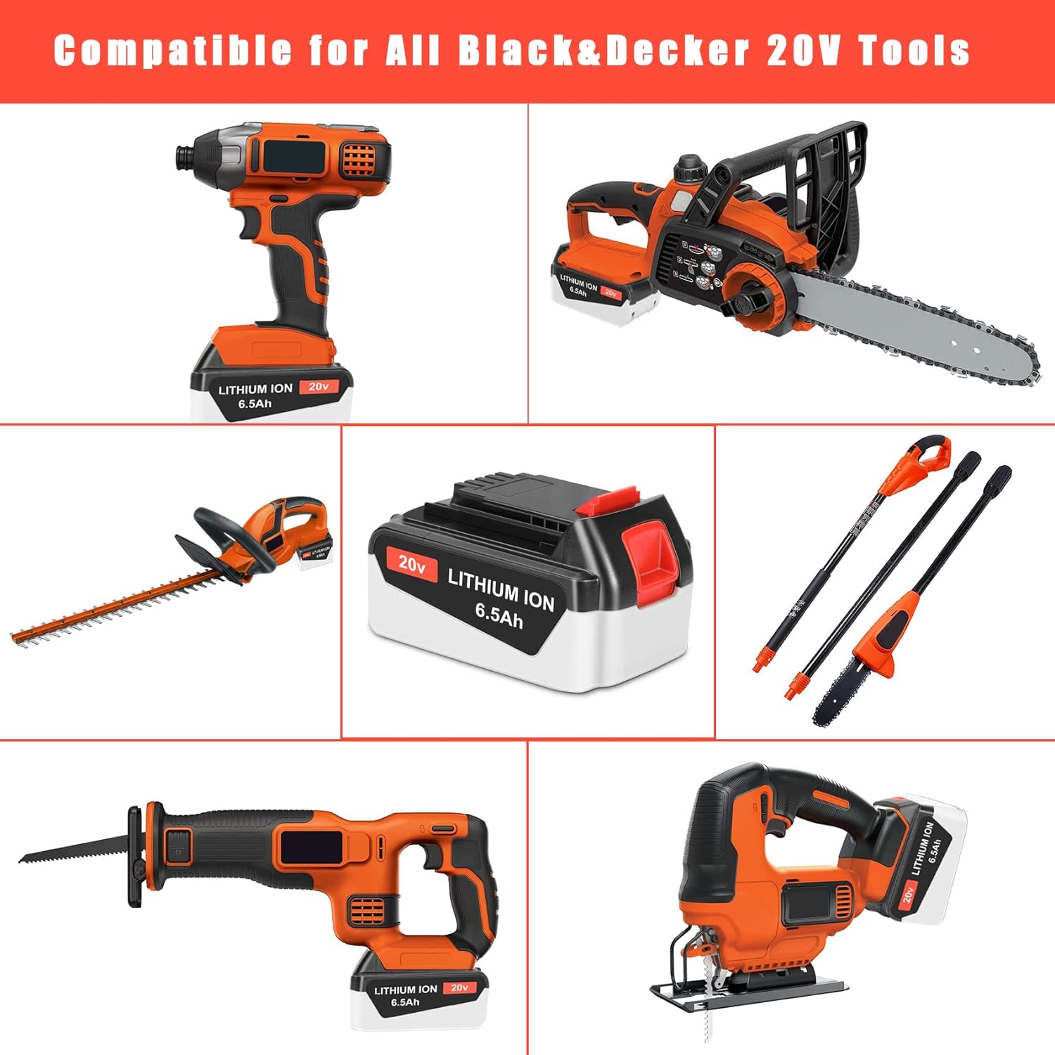 JYJZPB 6.5Ah Battery LB2X4020 Compatible for Black and Decker 20V Lithium Battery LB20 LBX20 LBX4020 MAX Cordless Tools