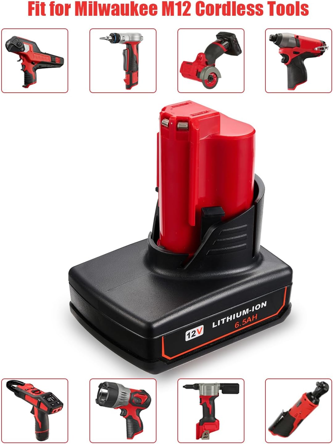 2 Packs JYJZPB 6.5Ah 12V Lithium Cordless Tools Battery Compatible for Milwaukee M12 Battery 48-11-2401 48-11-2412 48-11-2411 48-11-2420 48-11-2410