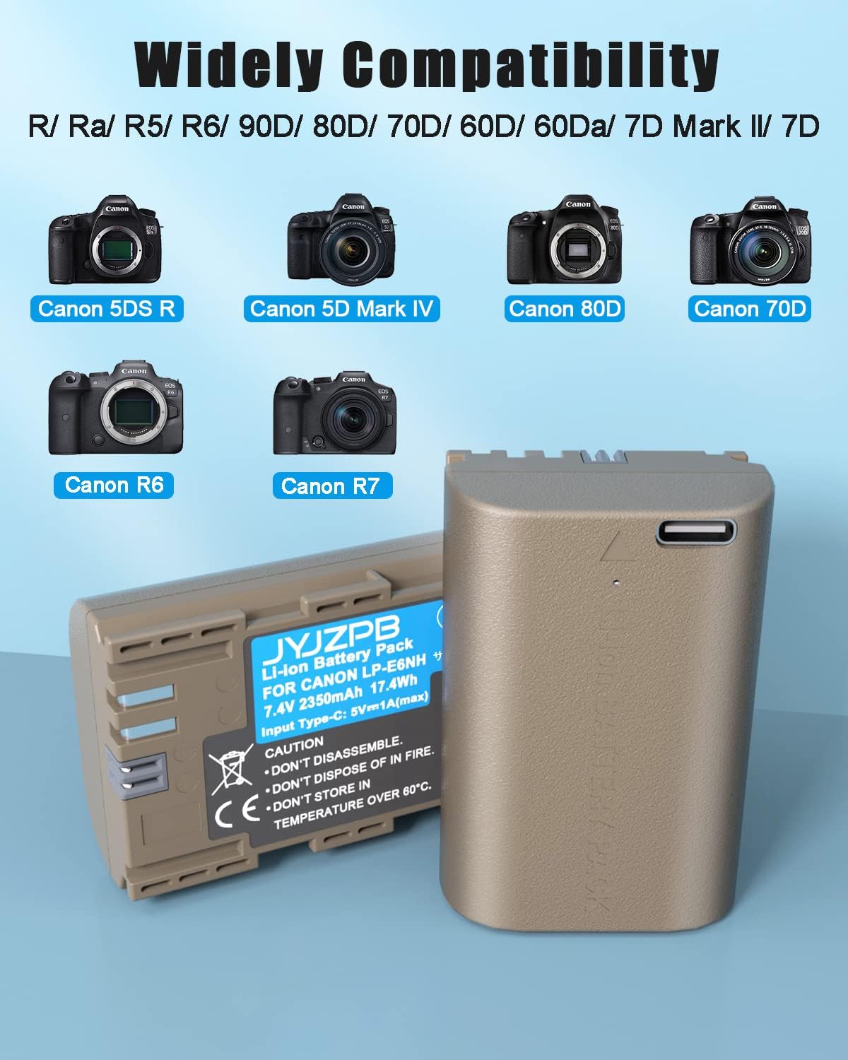2 Packs JYJZPB LP-E6NH Camera Battery for Canon EOS R EOS R5 EOS R6 EOS R7 90D EOS 60D EOS 70D EOS 80D EOS 5D IV EOS 6D EOS 6D II EOS 7D EOS 7D Mark II Cameras