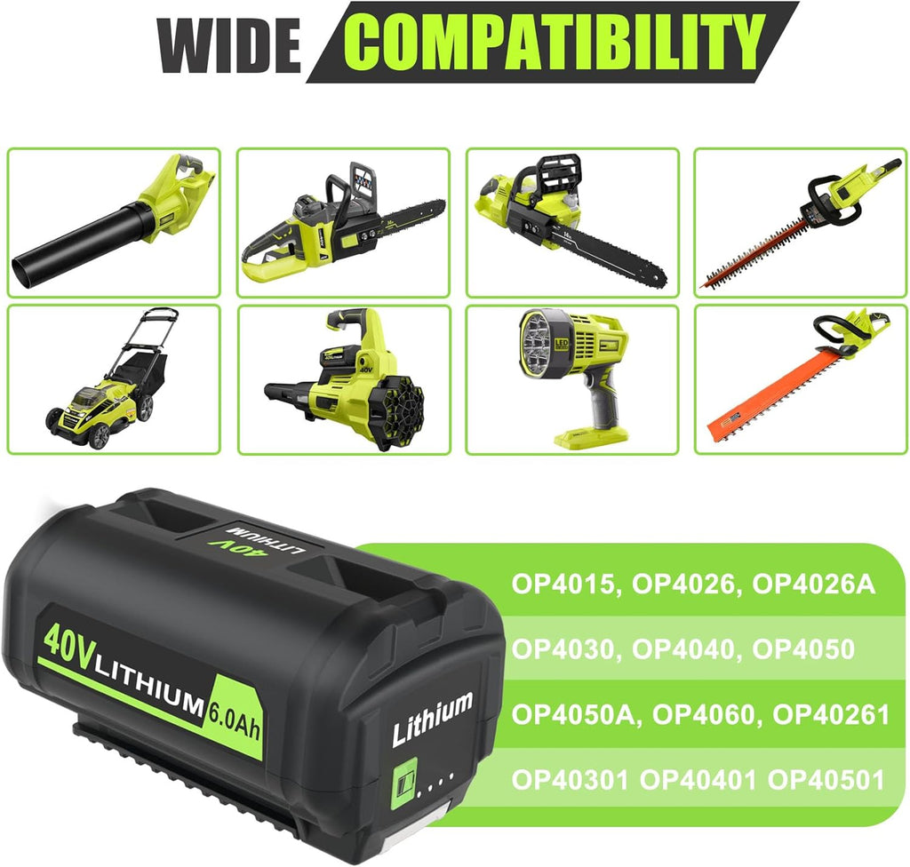 JYJZPB 6.0Ah 40V Cordless Power Tools Battery for Ryobi Battery Replacement OP4040 OP4026 OP4030 OP4050 OP4060A