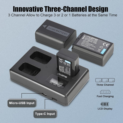 3-Packs JYJZPB NP-FW50 Camera Battery Upgraded Triple Slot with LCD Charger Compatible for Sony ZV-E10 Alpha A6000 A6300 A6400 A6500 A5100 A5000 A7 A7II A7RII A7SII A7S A7S2 A7R A7R2 RX10 RX10II