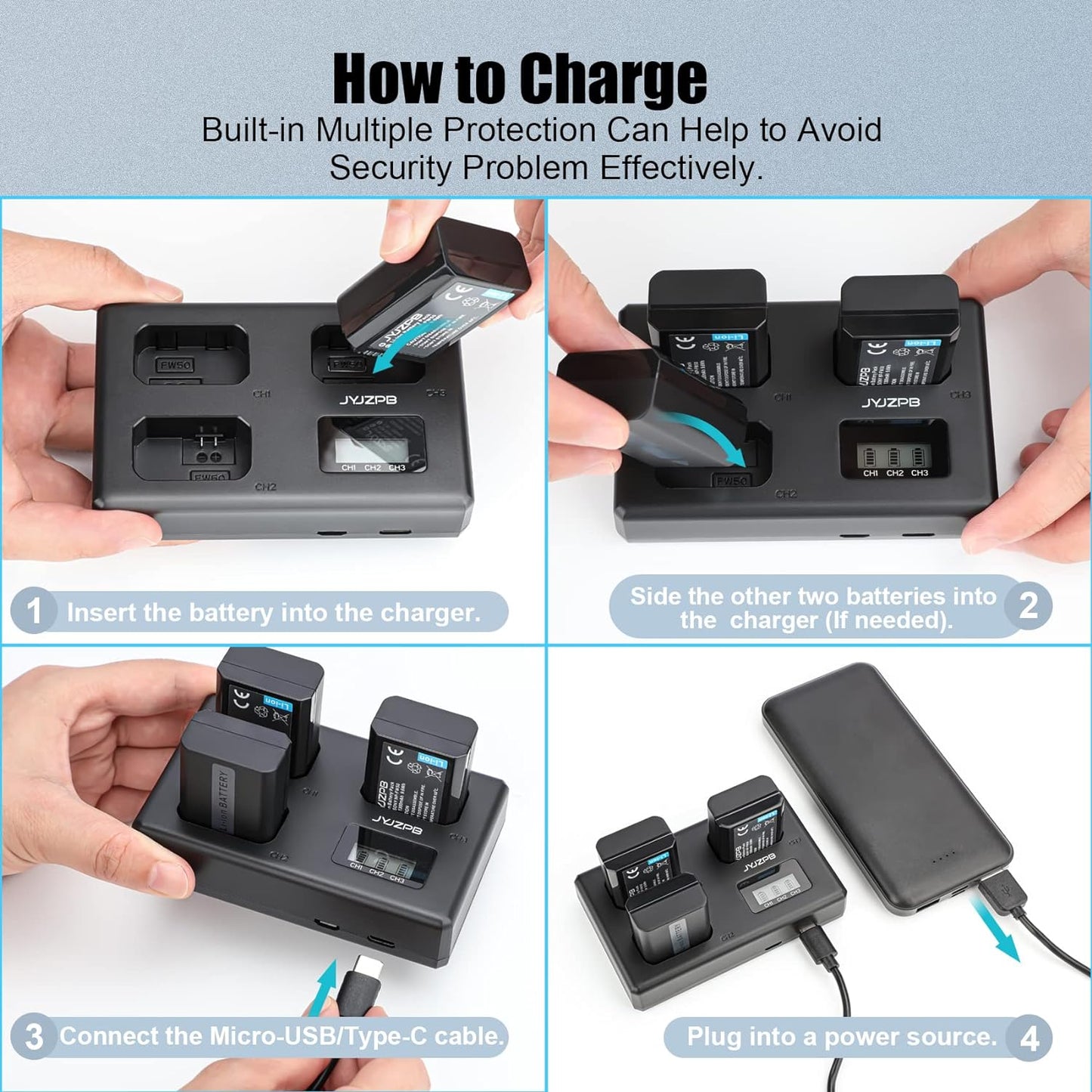 3-Packs JYJZPB NP-FW50 Camera Battery Upgraded Triple Slot with LCD Charger Compatible for Sony ZV-E10 Alpha A6000 A6300 A6400 A6500 A5100 A5000 A7 A7II A7RII A7SII A7S A7S2 A7R A7R2 RX10 RX10II