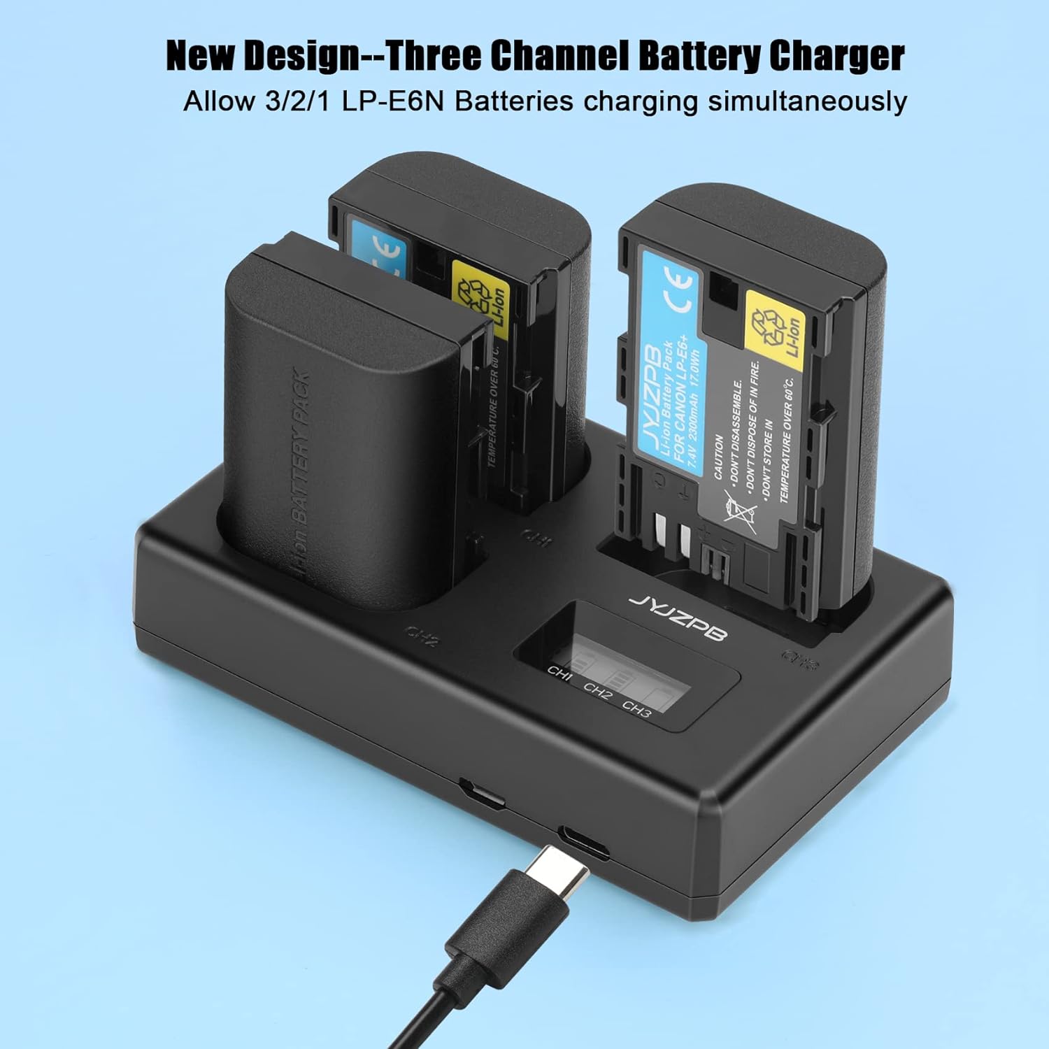 3 Packs JYJZPB LP-E6 LP-E6N Camera Battery Compatible for Canon EOS 5D Mark II III, 5DS R Rechargeable Battery Charger Triple Slot for Canon EOS 80D, 90D, 60D, 70D, 5DS R, 6D, 7D