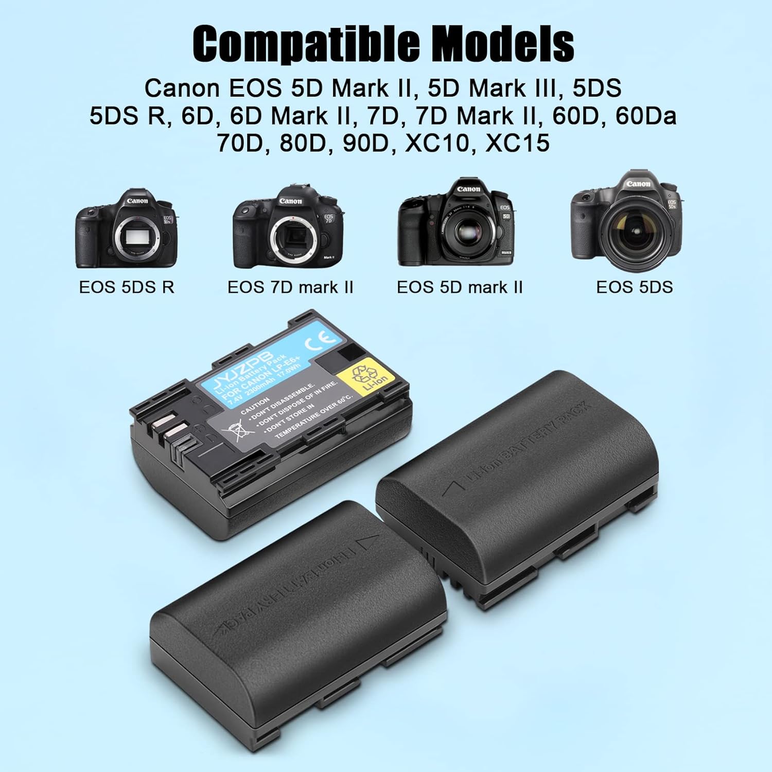 3 Packs JYJZPB LP-E6 LP-E6N Camera Battery Compatible for Canon EOS 5D Mark II III, 5DS R Rechargeable Battery Charger Triple Slot for Canon EOS 80D, 90D, 60D, 70D, 5DS R, 6D, 7D