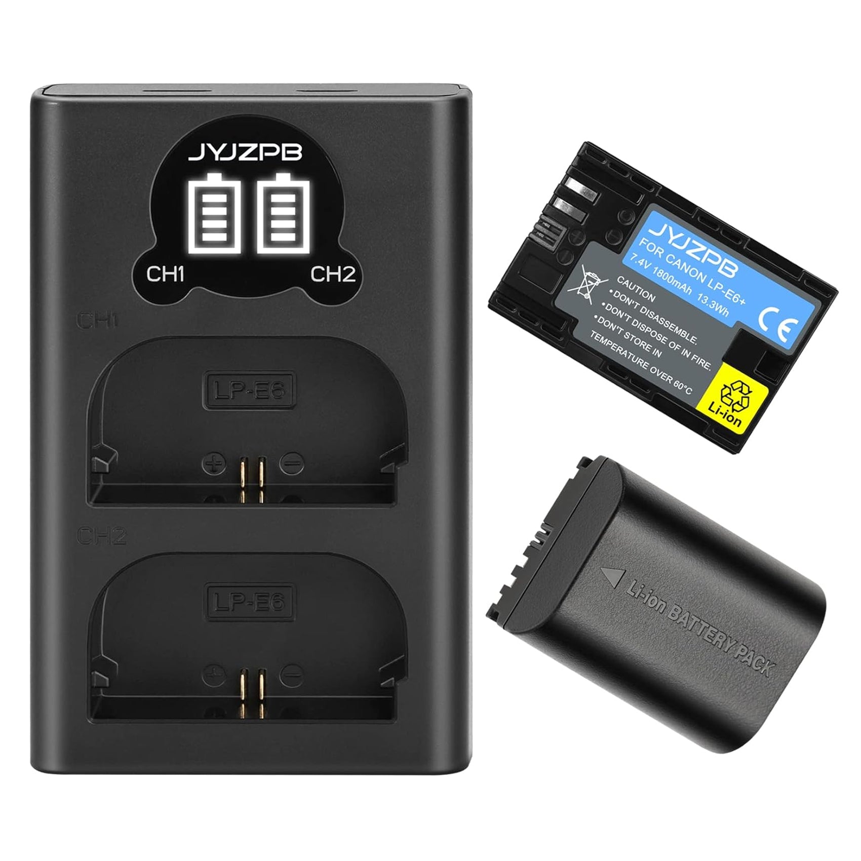 2-Packs JYJZPB LP-E6N Rechargeable Camera Battery and Dual Battery Charger for Canon EOS R5, 5D Mark II, III, 5DS, 5DS R, 6D, 60D, 6D Mark II, 7D, 7D Mark II,70D, 80D, XC10, XC15, BMPCC 4K, BMPCC 6K