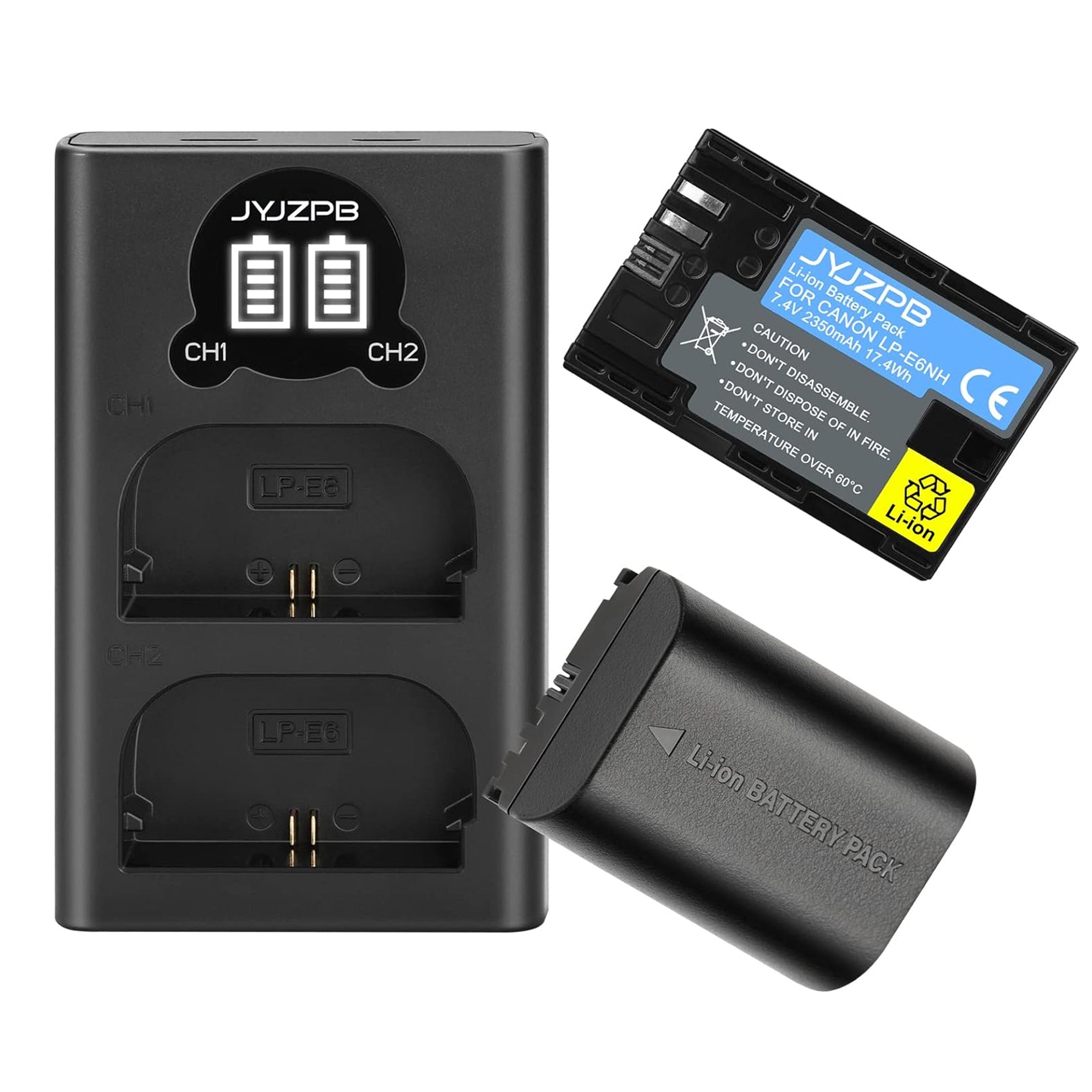 2 Packs JYJZPB Dual Bay Battery Charger of LP-E6NH High Capacity Cameras Batteries for Canon EOS R R5 R6 EOS R6 II EOS R7 90D 60D 70D 80D EOS 6D II EOS 7D