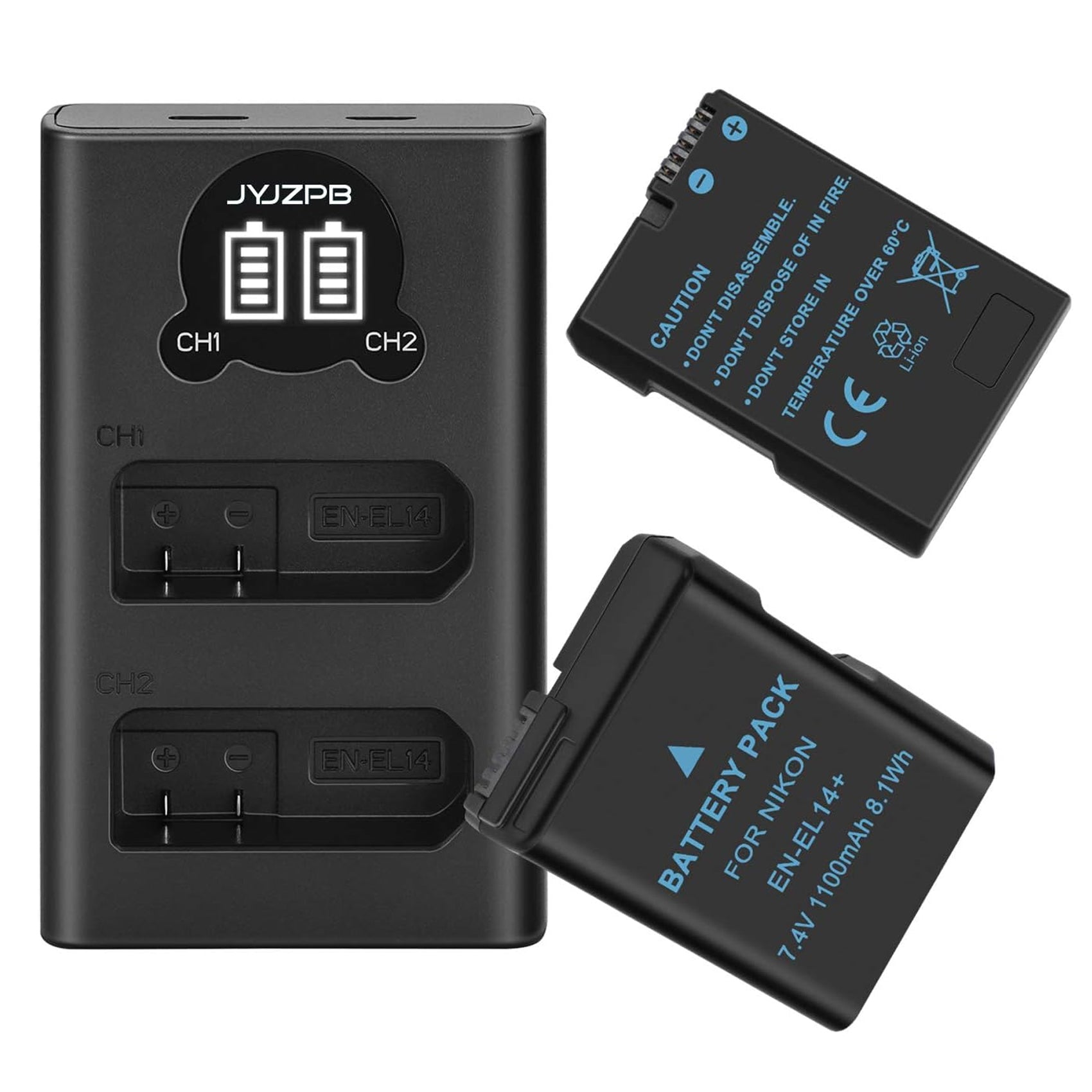 2-Packs JYJZPB EN-EL14 EN-EL14a Replacement Cameras Battery Dual USB Charger Set Compatible for Nikon D5600, D3200, D3500, D3300, D3400, D3100, D5100, D5200, D5300, DF Coolpix P7000 P7100 P7700 P7800
