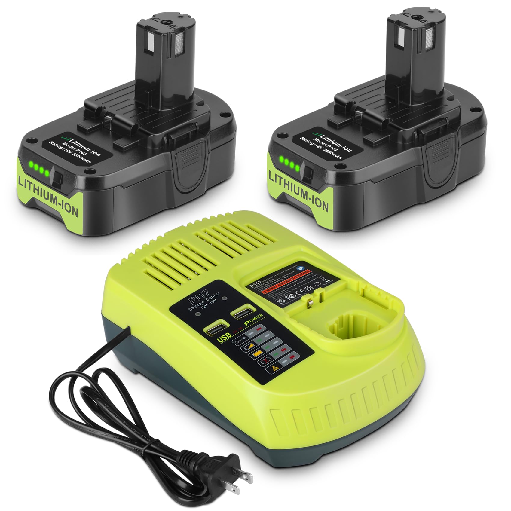 JYJZPB 2 Pack 3.5Ah For Ryobi 18V Battery and Charger Combo Compatible for Ryobi ONE+ Battery P102 P103 P104 P105 P107 P109 P117